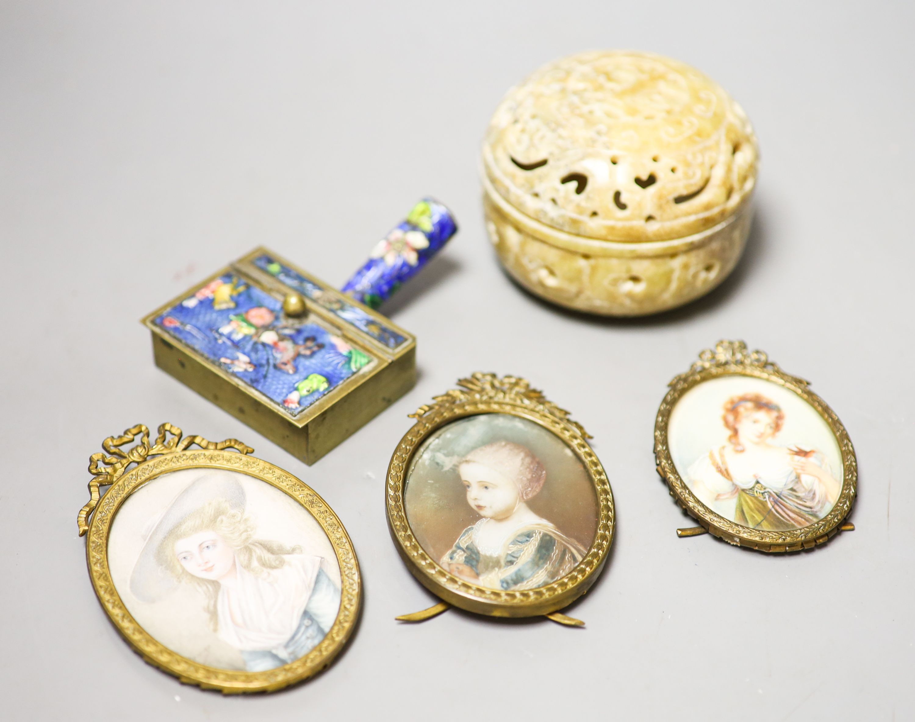 Three miniatures of ladies on ivory, early 20th century and a soapstone lidded pot and enamelled box